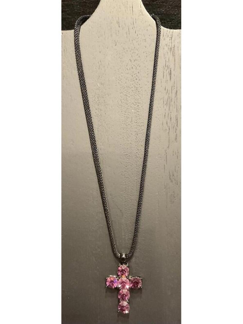 Purple Bling Cross On Black Hollow Tube Metal Necklace #295